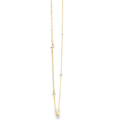 14K Yellow Gold Mini Pearl Necklace, Adjustable Length, 16 inches to 18 inches Long