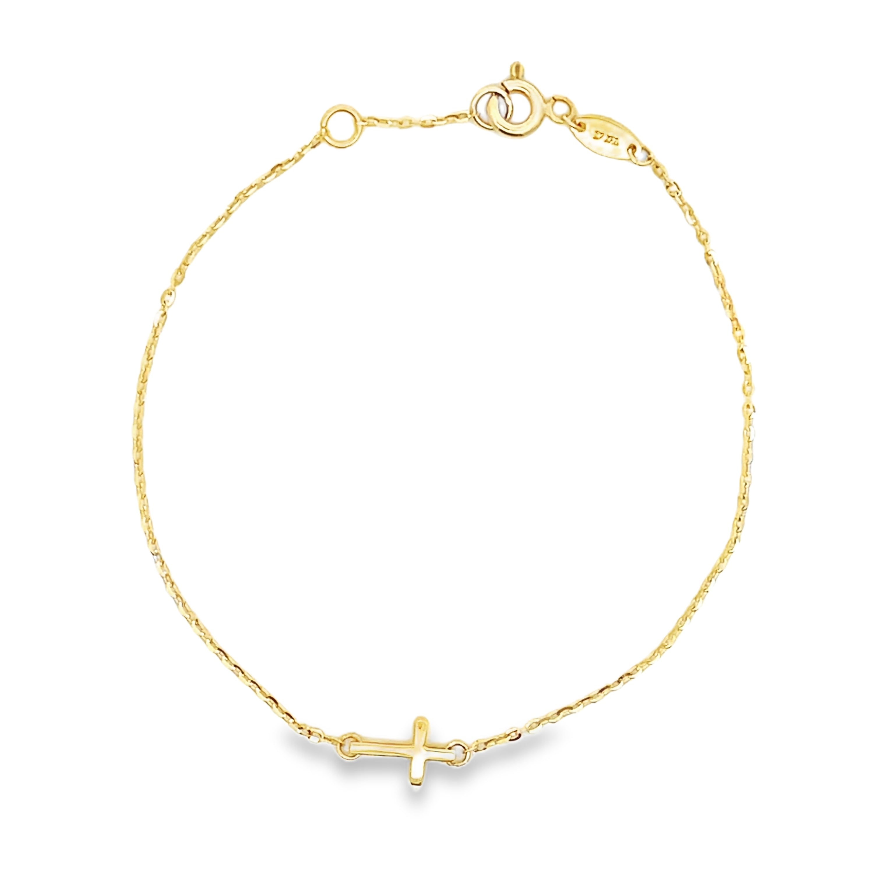 14K Yellow Gold Mini Cross Bracelet, Adjustable Length 6.5 inches to 7 inches, with Circular Spring Lock Closure