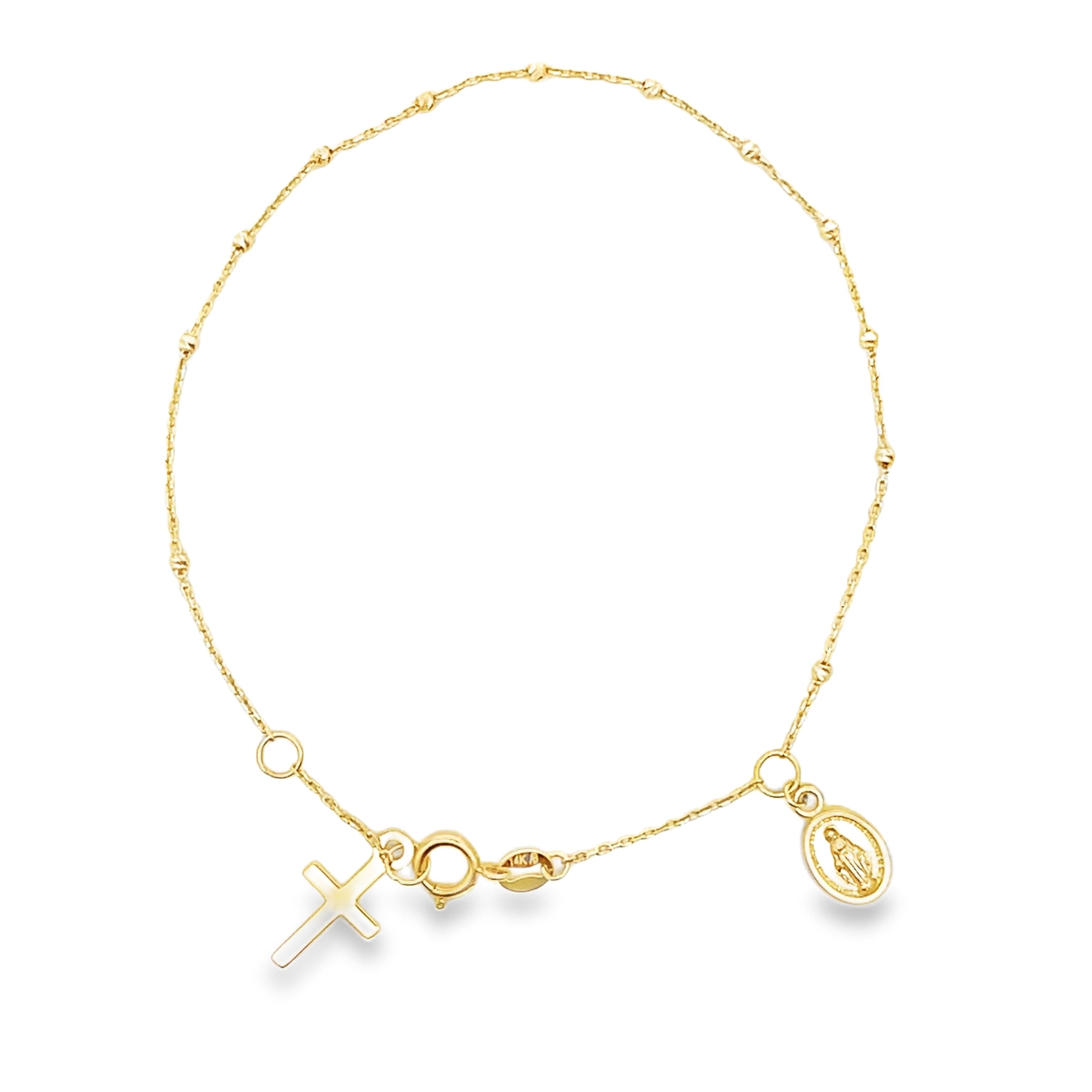 14K Yellow Gold Mini Rosary Bracelet, Adjustable Length 6.5 inches to 7 inches, with Circular Spring Lock Closure