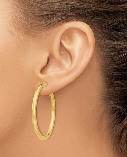 14K Yellow Gold Round Omega Back Hoop Earrings- 3x35mm