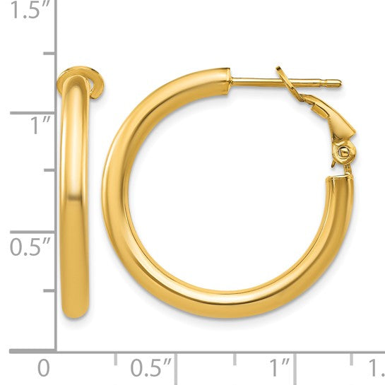 14K Yellow Gold Round Omega Back Hoop Earrings- 3x25mm