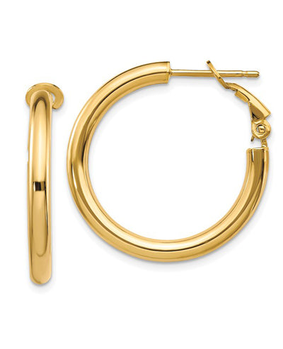 14K Yellow Gold Round Omega Back Hoop Earrings- 3x25mm