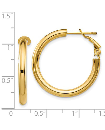 14K Yellow Gold Round Omega Back Hoop Earrings- 3x25mm