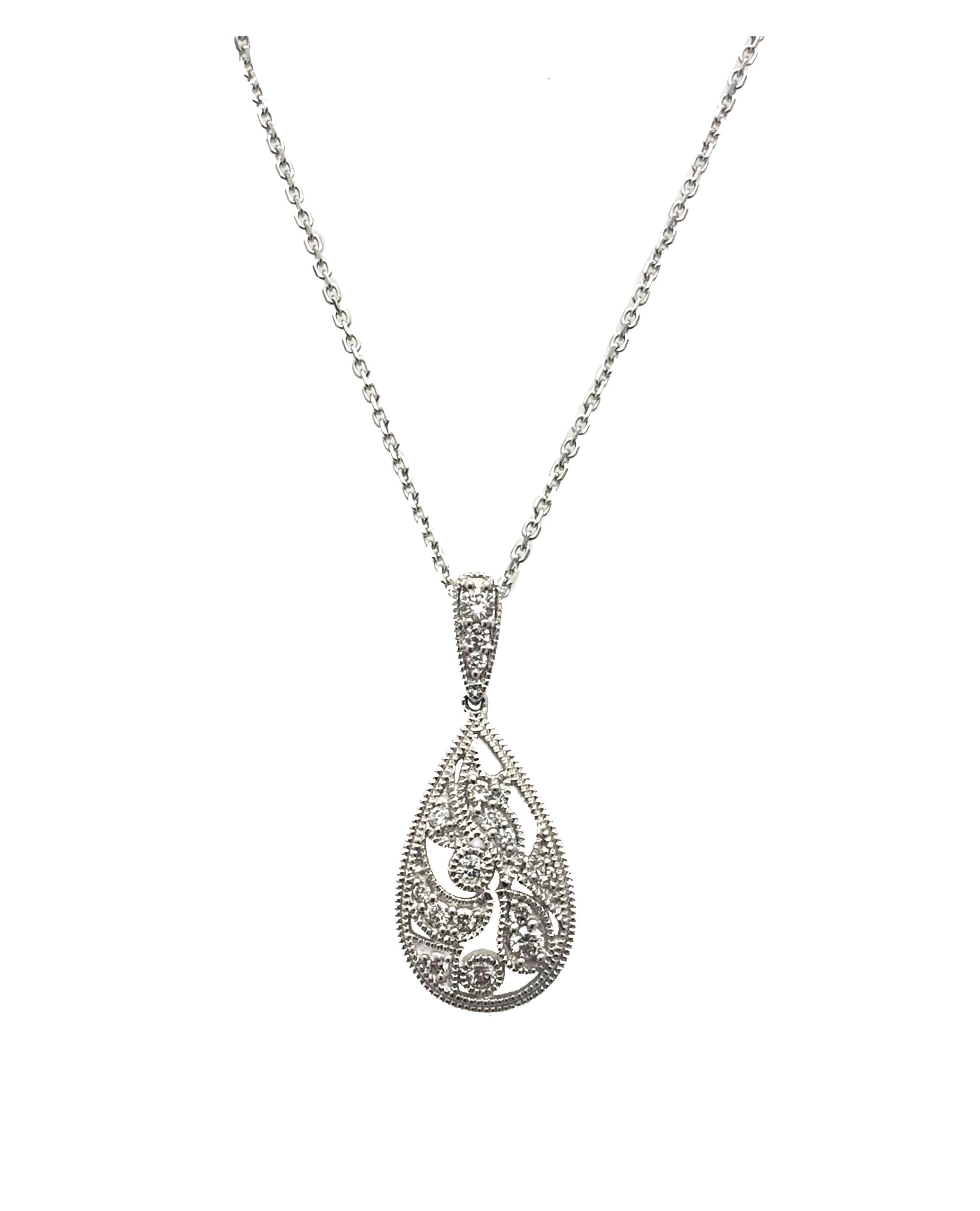 Pear Shape Diamond Drop Pendant Necklace 14K White Gold