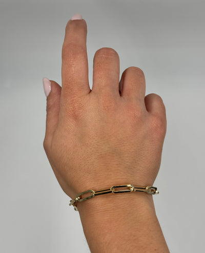 14K Yellow Gold Semi Hollow Paperclip Link Bracelet 6mm