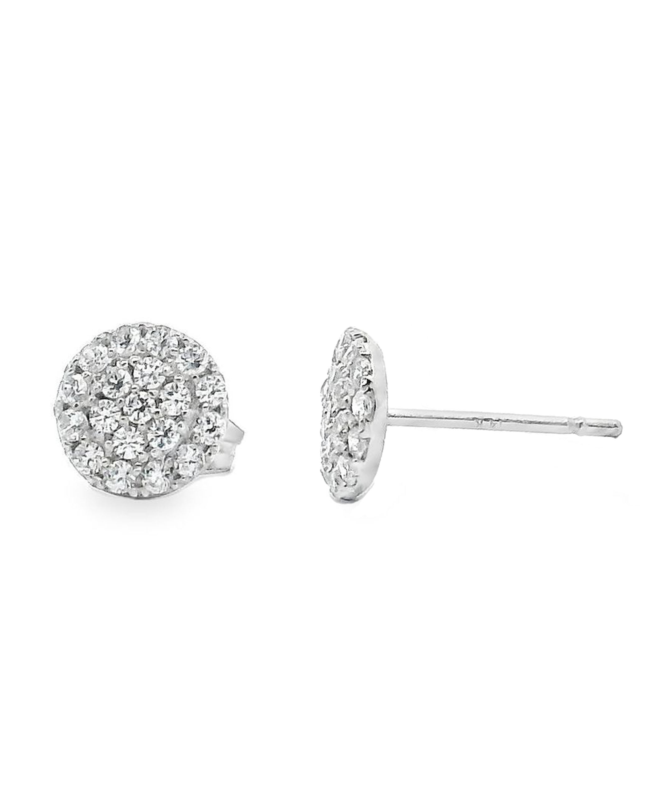 14K White Gold Pave Circle Stud Earrings with Pushbacks