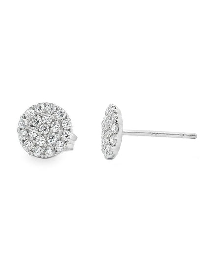 14K White Gold Pave Circle Stud Earrings with Pushbacks