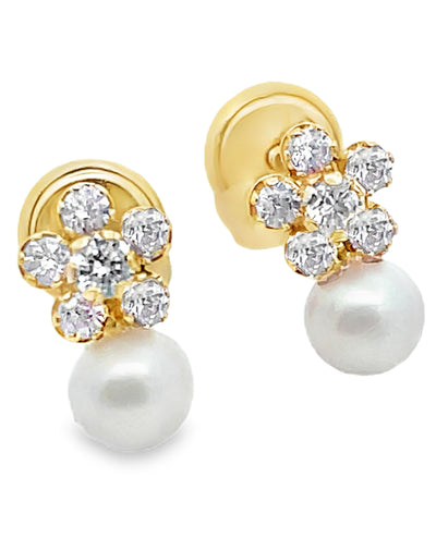 14K Yellow Gold Flower & Pearl Earring