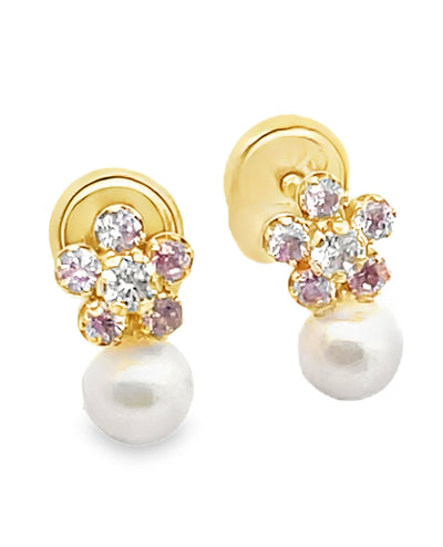 14K Yellow Gold Pink Flower & Pearl Earring
