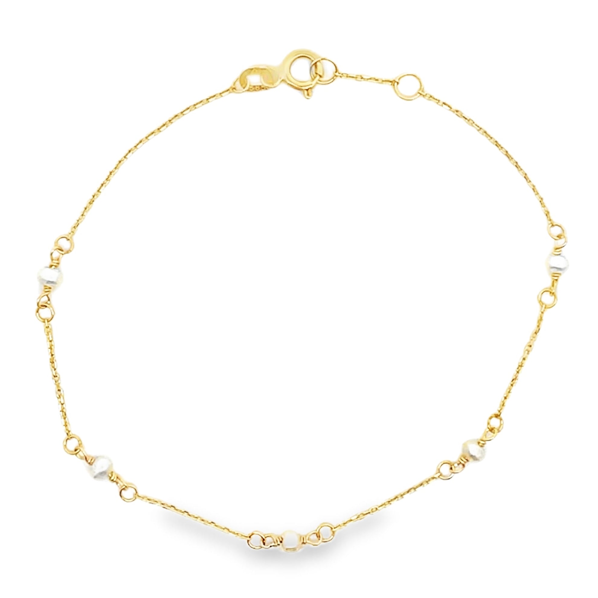 14K Yellow Gold Mini Pearl Bracelet, Adjustable Length 6.5 inches to 7 inches, with Circular Spring Lock Closure