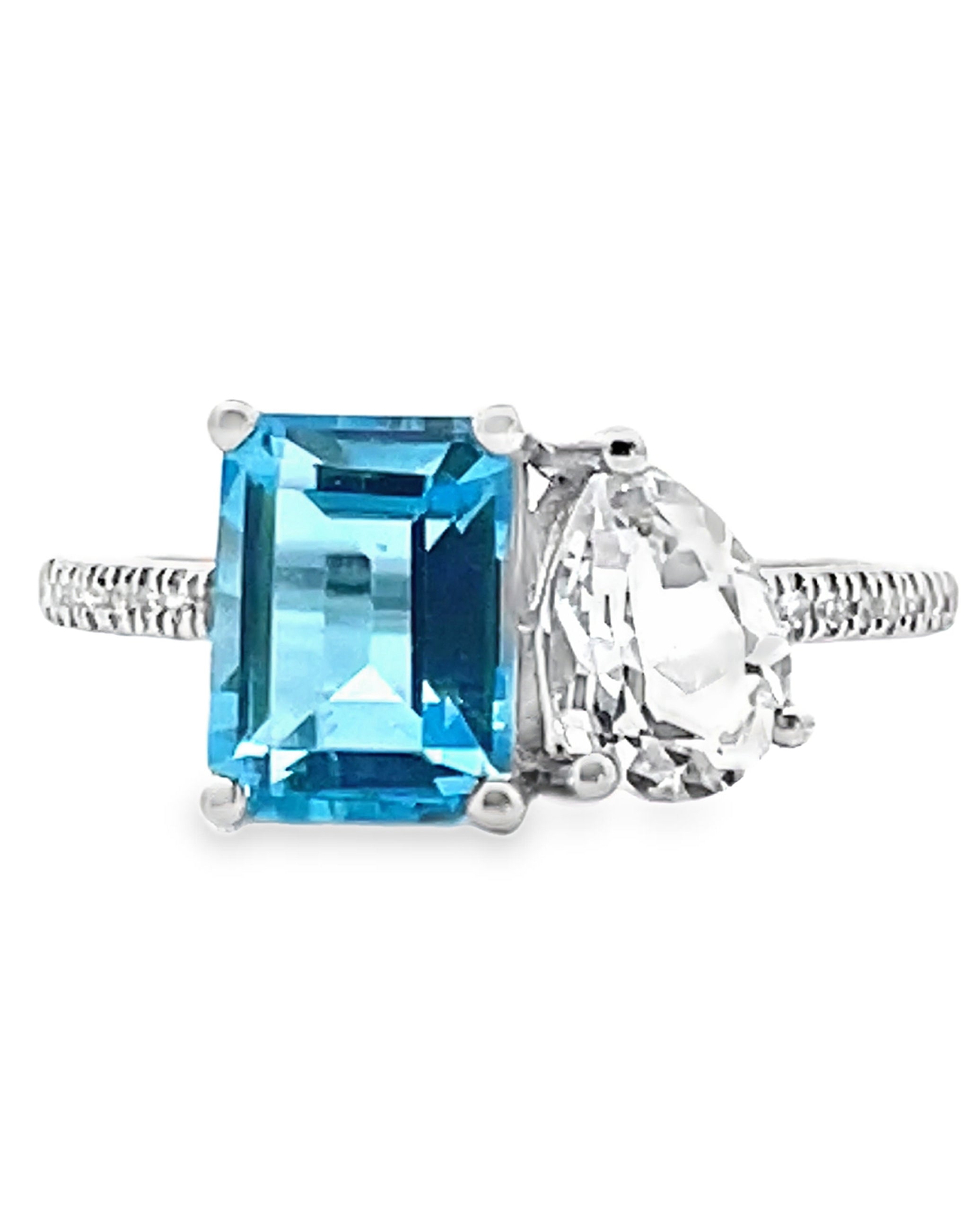 14K White Gold Ring with 2.05 Carat Blue Topaz and 0.90 Carat Pear Shaped White Topaz and Round Diamonds