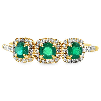 Meira T R10082/YE 14K Yellow Gold Three Stone Emerald & Diamond Ring