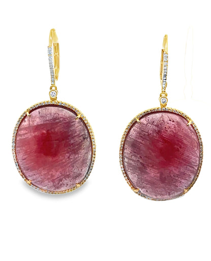 18K Yellow Gold 0.38 carat Diamond & 57.70 carat Pink Sapphire Earrings
