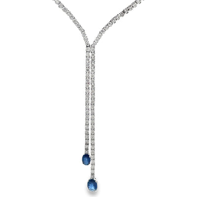 18K White Gold Lariat Diamond & Blue Sapphire Necklace