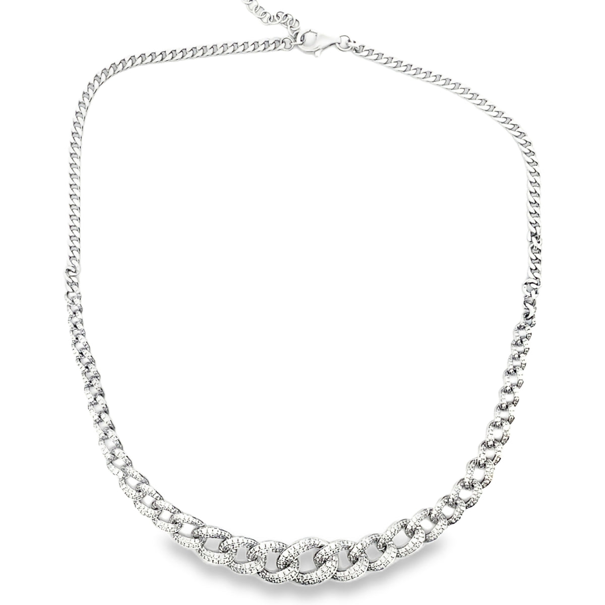 18K White Gold Curb Link Necklace with 3.48 Carat Diamonds