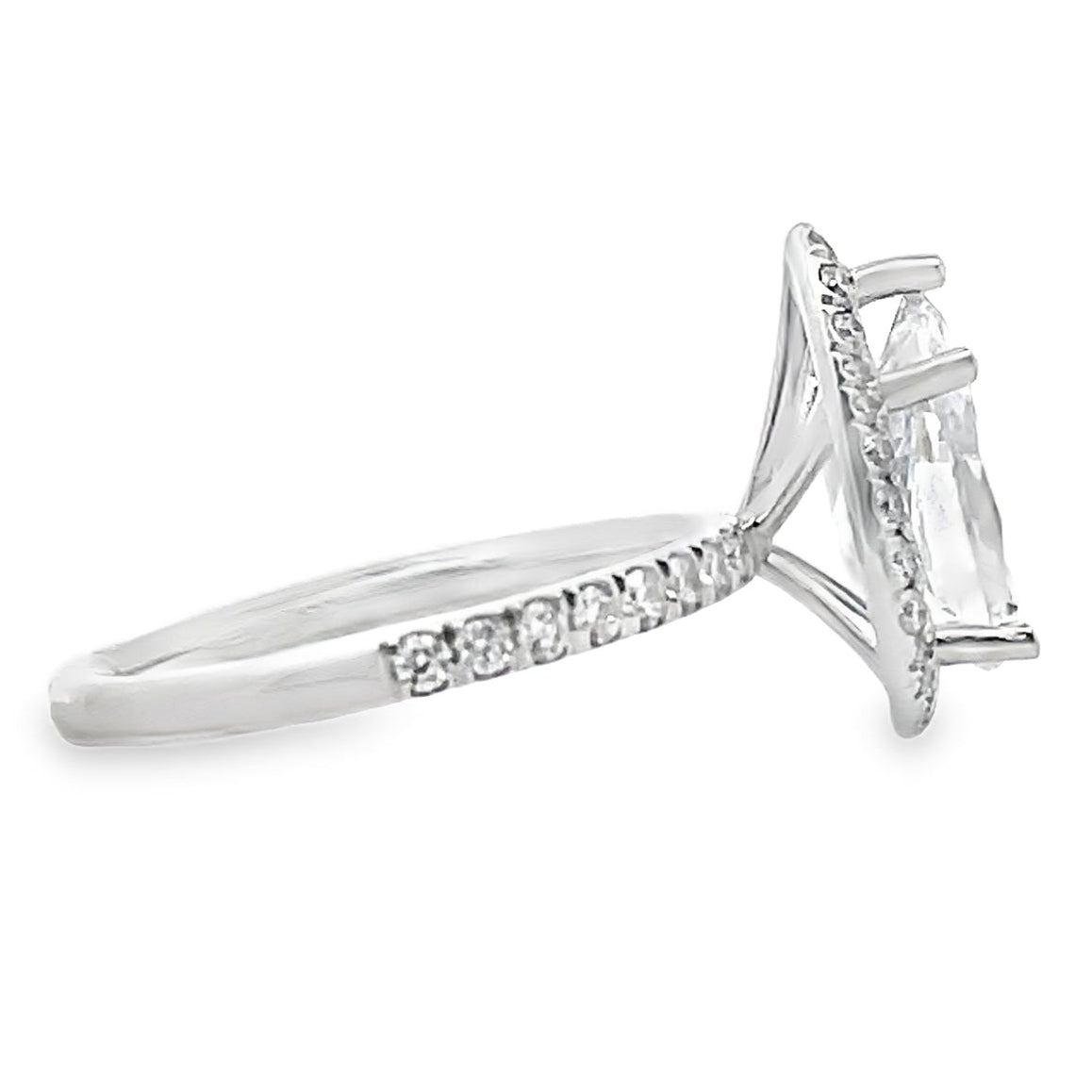 14K White Gold Micro Pave Engagement Ring Setting for Pear Shaped Stone, 41 Round Diamonds 0.47 Carats