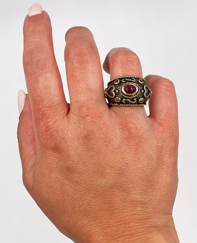 Ruby and Peridot in Sterling Silver Ring with 18K Vermeil Byzantine