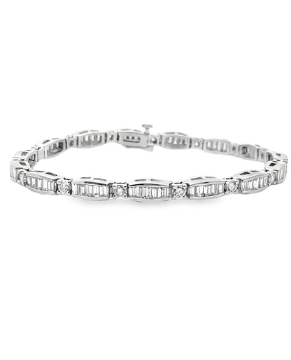 14K White Gold Baguette and Round Diamond Bracelet