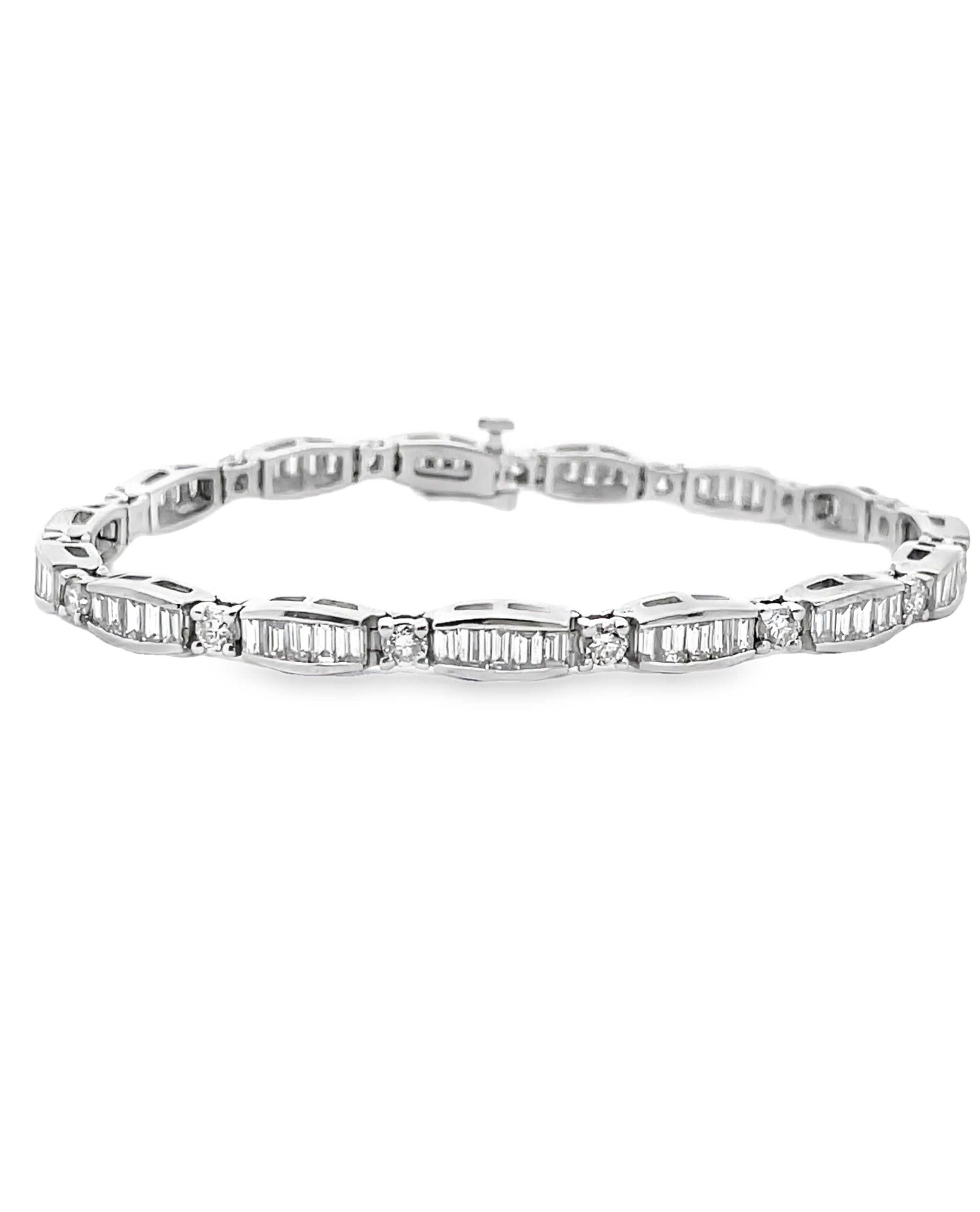 14K White Gold Baguette and Round Diamond Bracelet