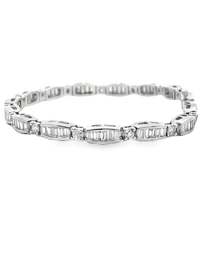 14K White Gold Baguette and Round Diamond Bracelet