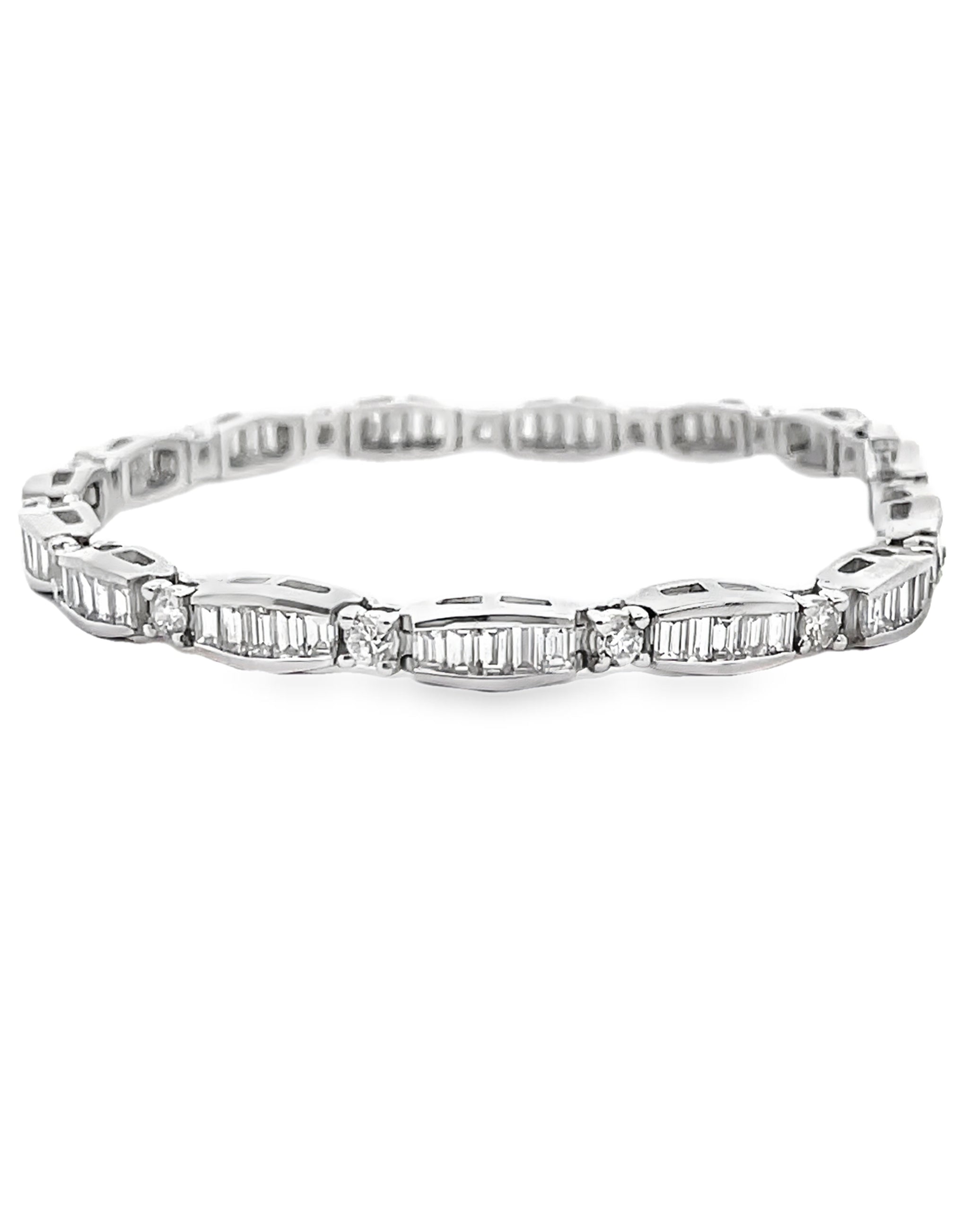 14K White Gold Baguette and Round Diamond Bracelet