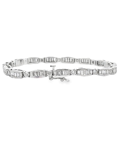 14K White Gold Baguette and Round Diamond Bracelet