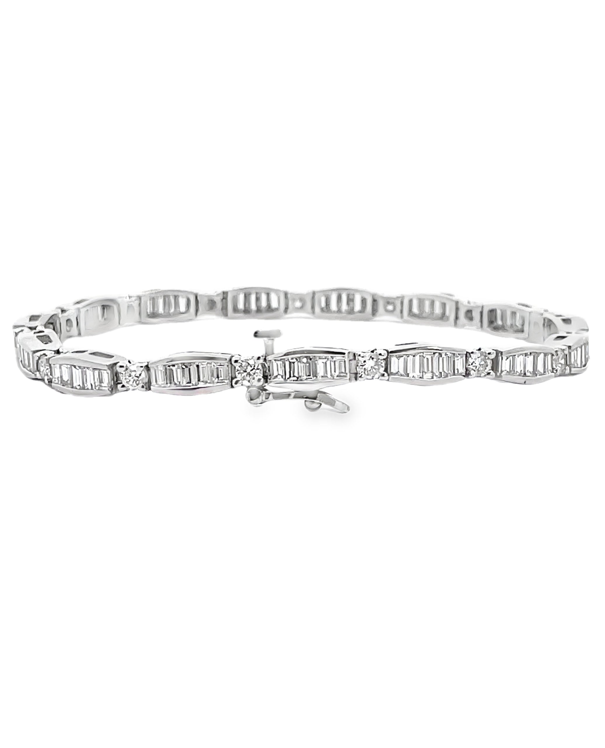 14K White Gold Baguette and Round Diamond Bracelet