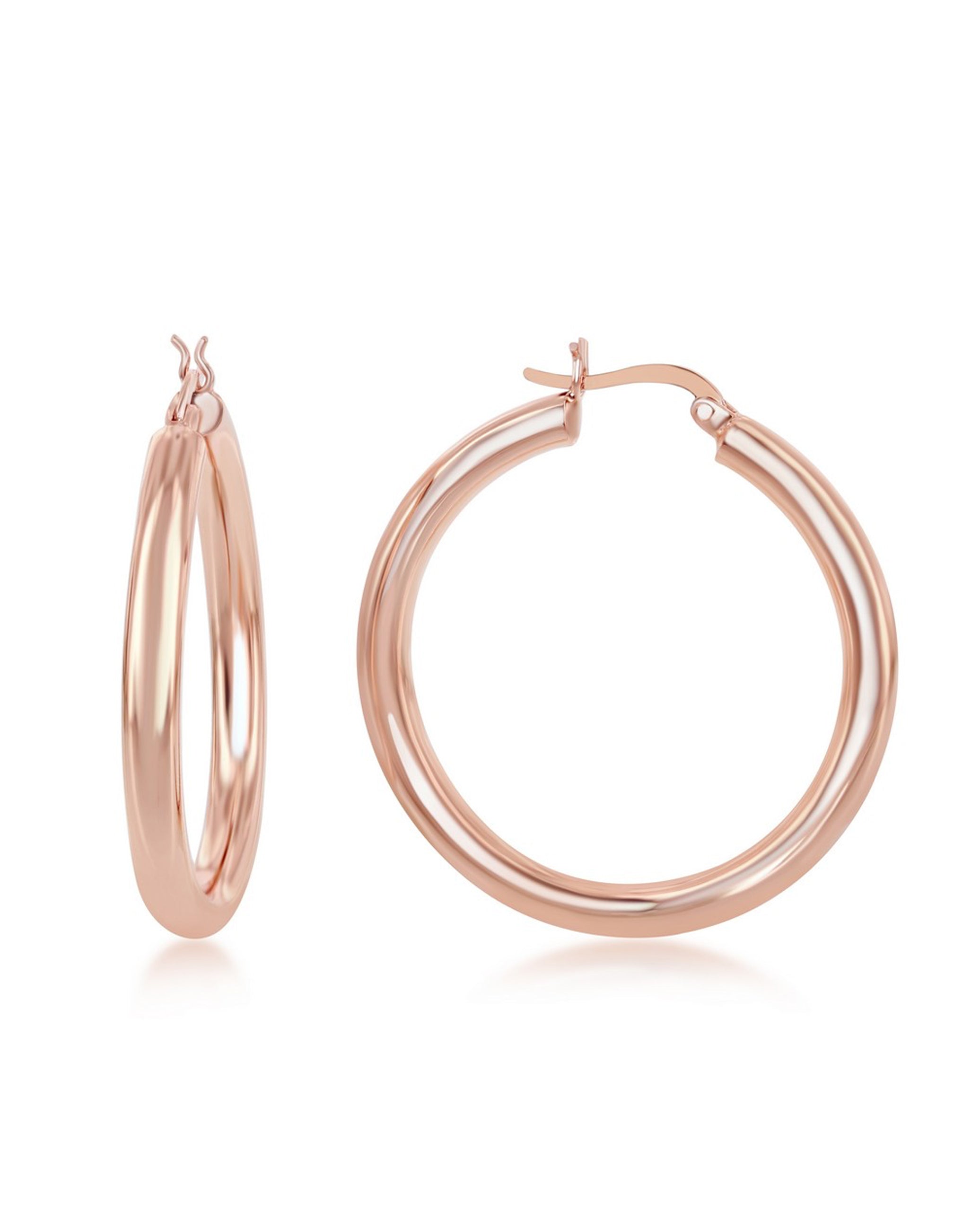 Sterling Silver 4x40mm Hoop Earrings with Rose Gold Plating