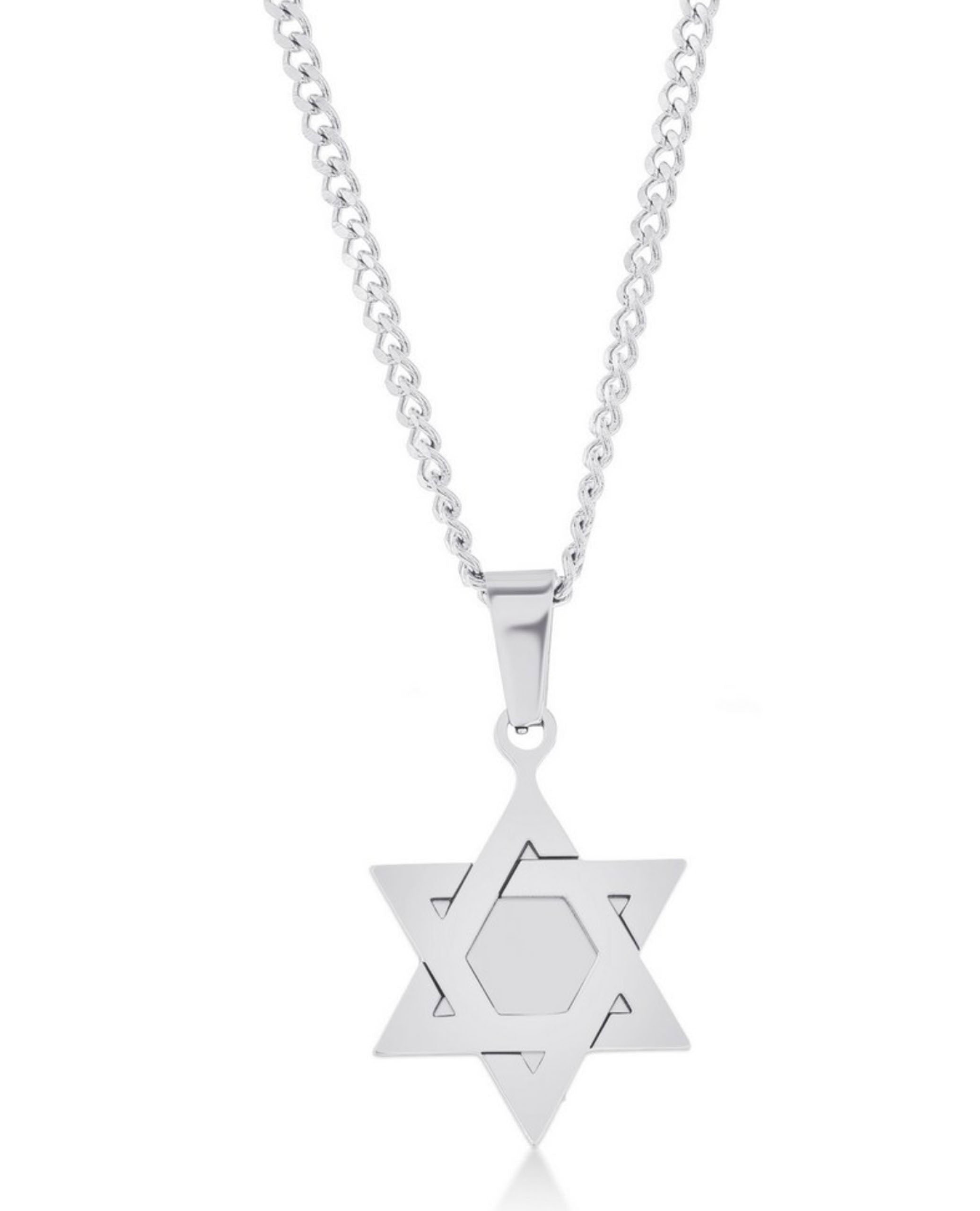 Mens Stainless Steel Polished Star of David Necklace.