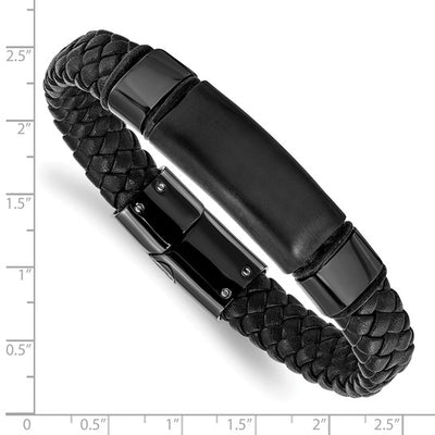 Braided Black Leather Bracelet with Stainless Steel, ID Bracelet Motif, Brushed and Polished Accents, 8.25 Inches
