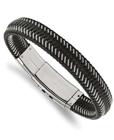 Stainless Steel Polished Black Leather Bracelet