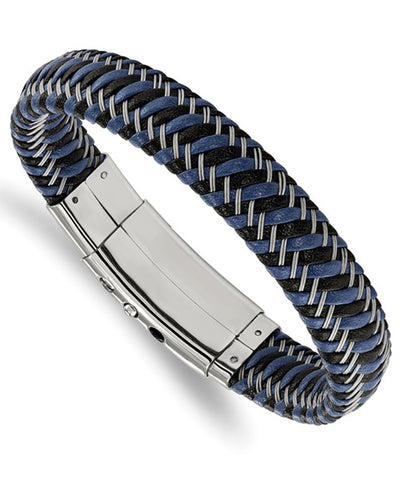 Stainless Steel Polished Black and Blue Leather Bracelet