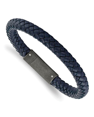 Dark Blue Leather Bracelet with Stainless Steel Clasp