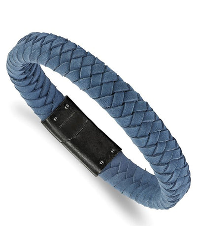Stainless Steel Brushed Light Blue Leather Bracelet
