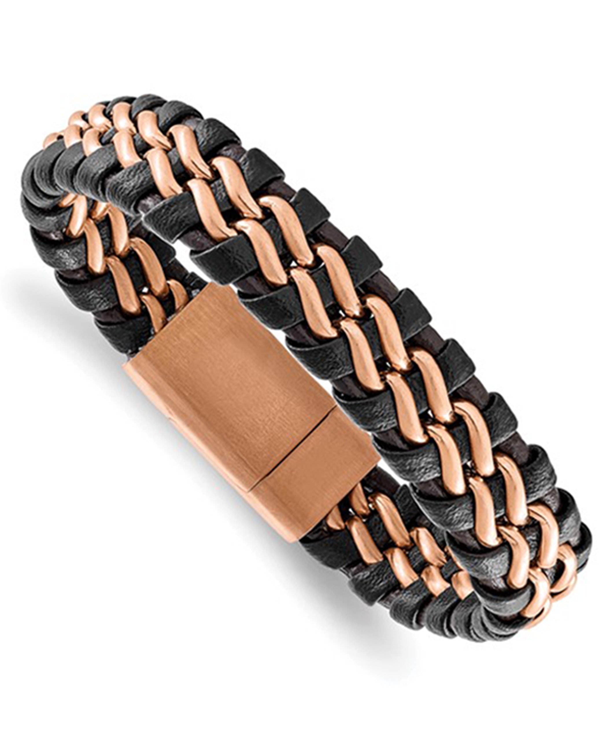 Stainless Steel Brushed Rose Plated Brown Leather Bracelet