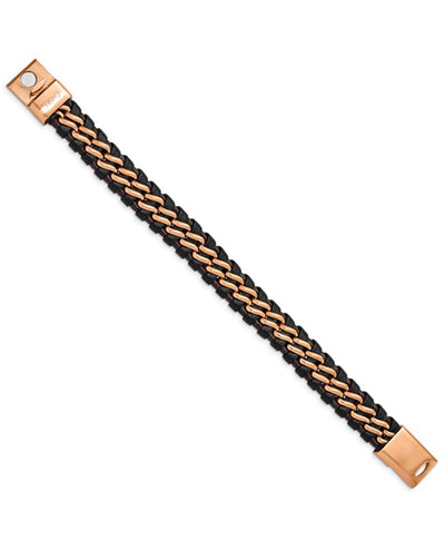 Stainless Steel Brushed Rose Plated Brown Leather Bracelet