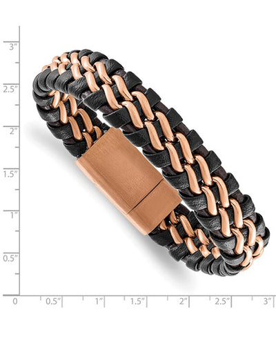 Stainless Steel Brushed Rose Plated Brown Leather Bracelet