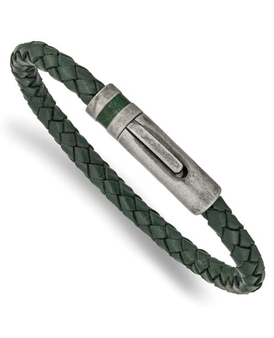 Green braided leather bracelet with antiqued stainless steel clasp.