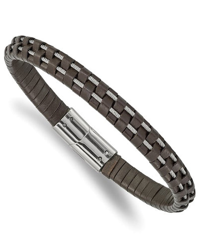Stainless Steel Polished Cable & Brown Leather Bracelet