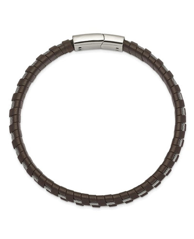 Stainless Steel Polished Cable & Brown Leather Bracelet