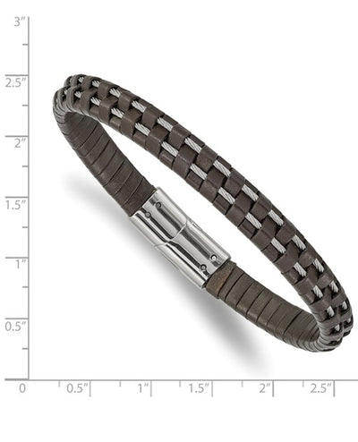 Stainless Steel Polished Cable & Brown Leather Bracelet