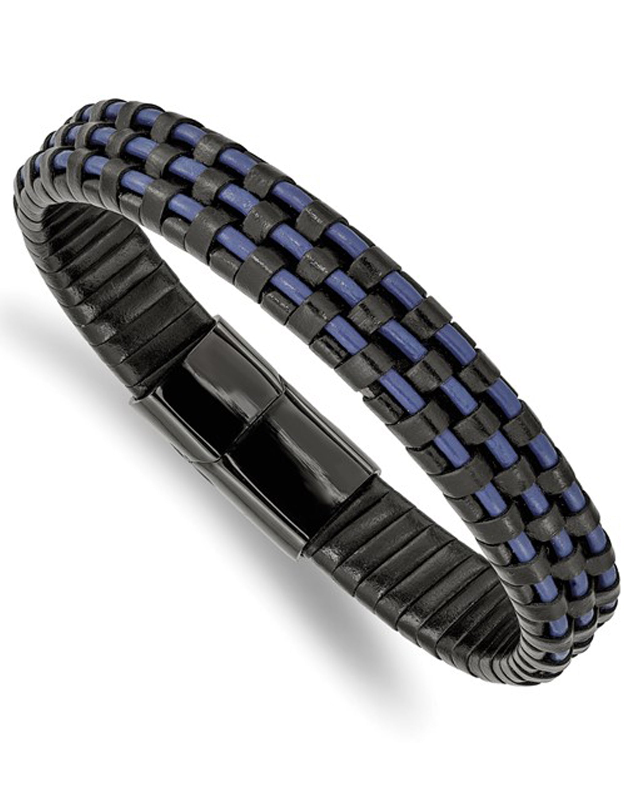 Stainless Steel Polished Black & Blue Leather Bracelet