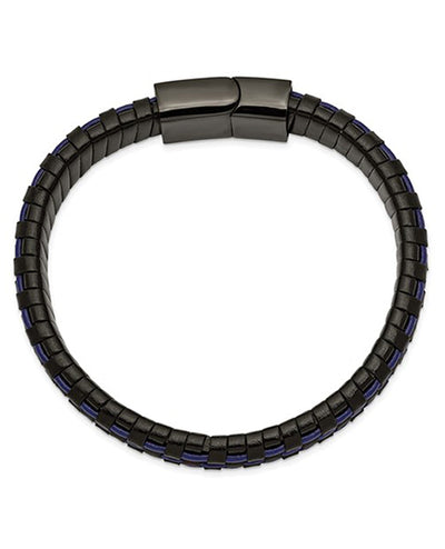 Stainless Steel Polished Black & Blue Leather Bracelet