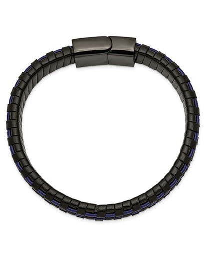 Stainless Steel Polished Black & Blue Leather Bracelet