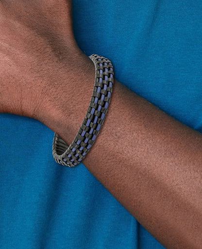 Stainless Steel Polished Black & Blue Leather Bracelet