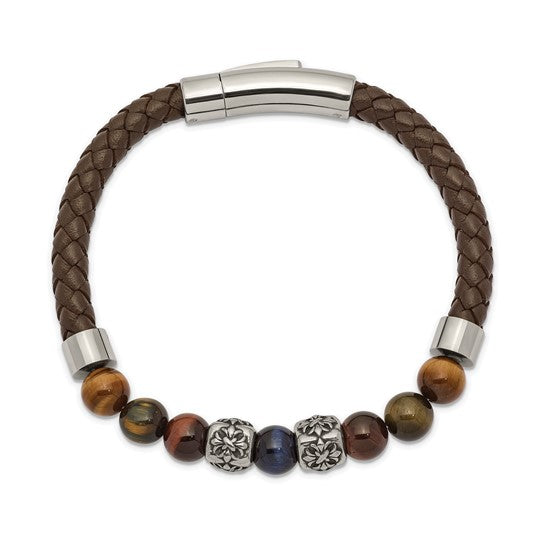 Brown Leather and Stainless Steel Bracelet with Multicolor Tiger's Eye Round Bead Stones, Separated by Two Antiqued Stainless Steel Elements and Two High Polished Stainless Steel Elements. 8.5 inches