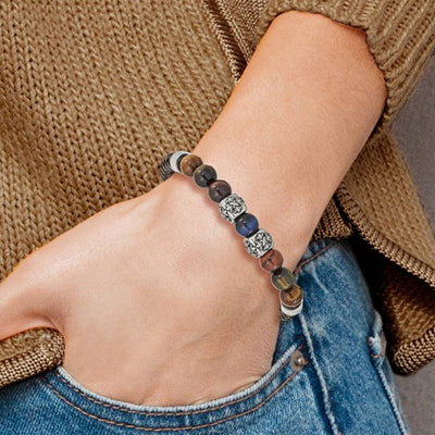 Brown Leather and Stainless Steel Bracelet with Multicolor Tiger's Eye Round Bead Stones, Separated by Two Antiqued Stainless Steel Elements and Two High Polished Stainless Steel Elements. 8.5 inches