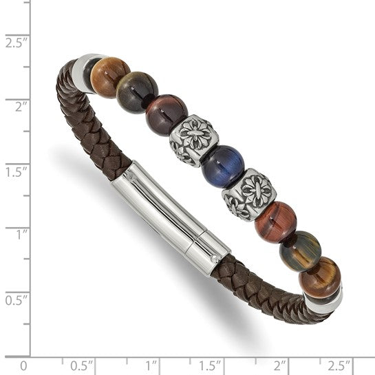 Brown Leather and Stainless Steel Bracelet with Multicolor Tiger's Eye Round Bead Stones, Separated by Two Antiqued Stainless Steel Elements and Two High Polished Stainless Steel Elements. 8.5 inches