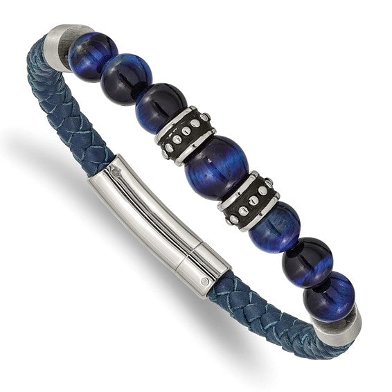 Blue Leather and Stainless Steel Bracelet with Multicolor Tiger's Eye Round Bead Stones, Separated by Two Antiqued Stainless Steel Elements and Two High Polished Stainless Steel Elements. 8.25 inches