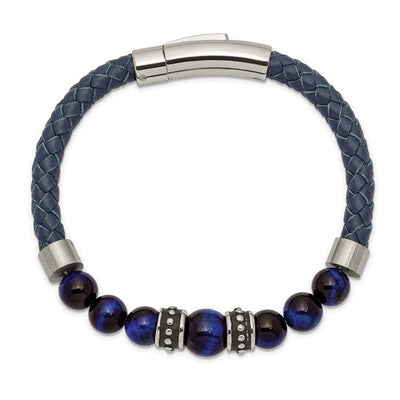 Blue Leather and Stainless Steel Bracelet with Multicolor Tiger's Eye Round Bead Stones, Separated by Two Antiqued Stainless Steel Elements and Two High Polished Stainless Steel Elements. 8.25 inches